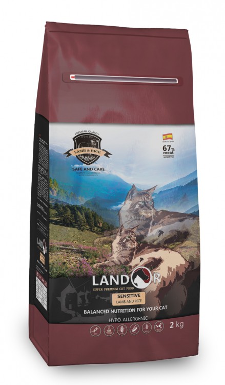 LANDOR Полнорационный сухой корм для взрослых кошек с чувствительным пищеварением ягненок с рисом