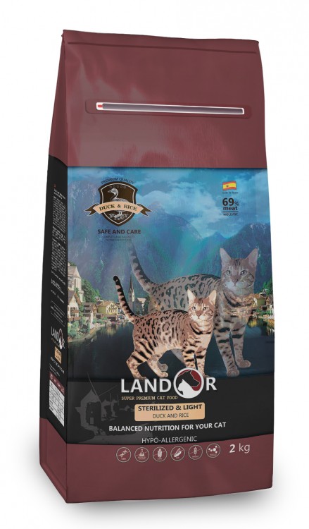 LANDOR Полнорационный сухой корм для кошек с избыточным весом и стерилизованных утка с рисом