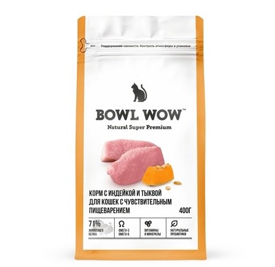 BOWL WOW сухой корм для взрослых кошек с чувствительным пищеварением с индейкой и тыквой, 4кг