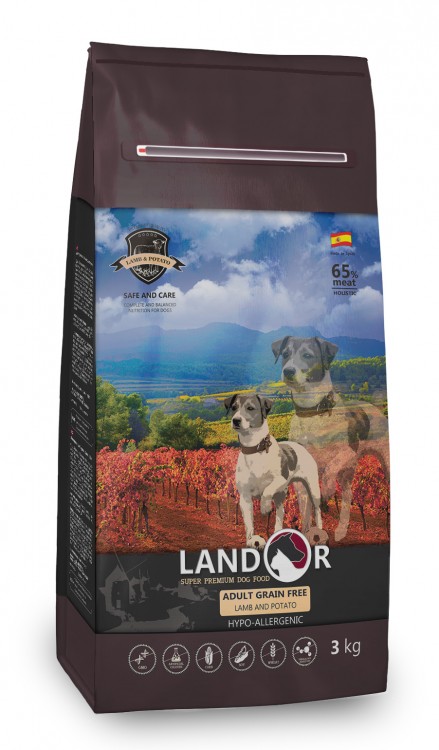 LANDOR Полнорационный сухой корм для взрослых собак всех пород беззерновой ягненок с бататом