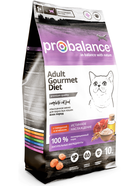 Probalance GOURMET DIET с говядиной и ягненком для взрослых кошек, 10 кг