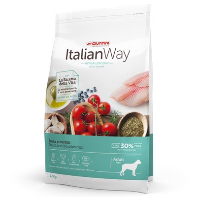 Корм Italian Way беззерновой, для собак крупных пород, со свежей форелью и черникой, контроль веса и профилактика аллергии, Maxi Ideal Weight Trout/Blueberry