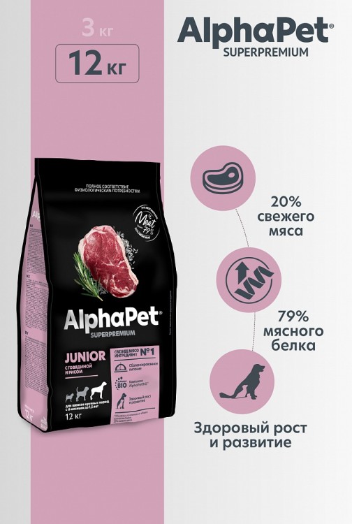 AlphaPet Superpremium с говядиной и рисом для щенков крупных пород